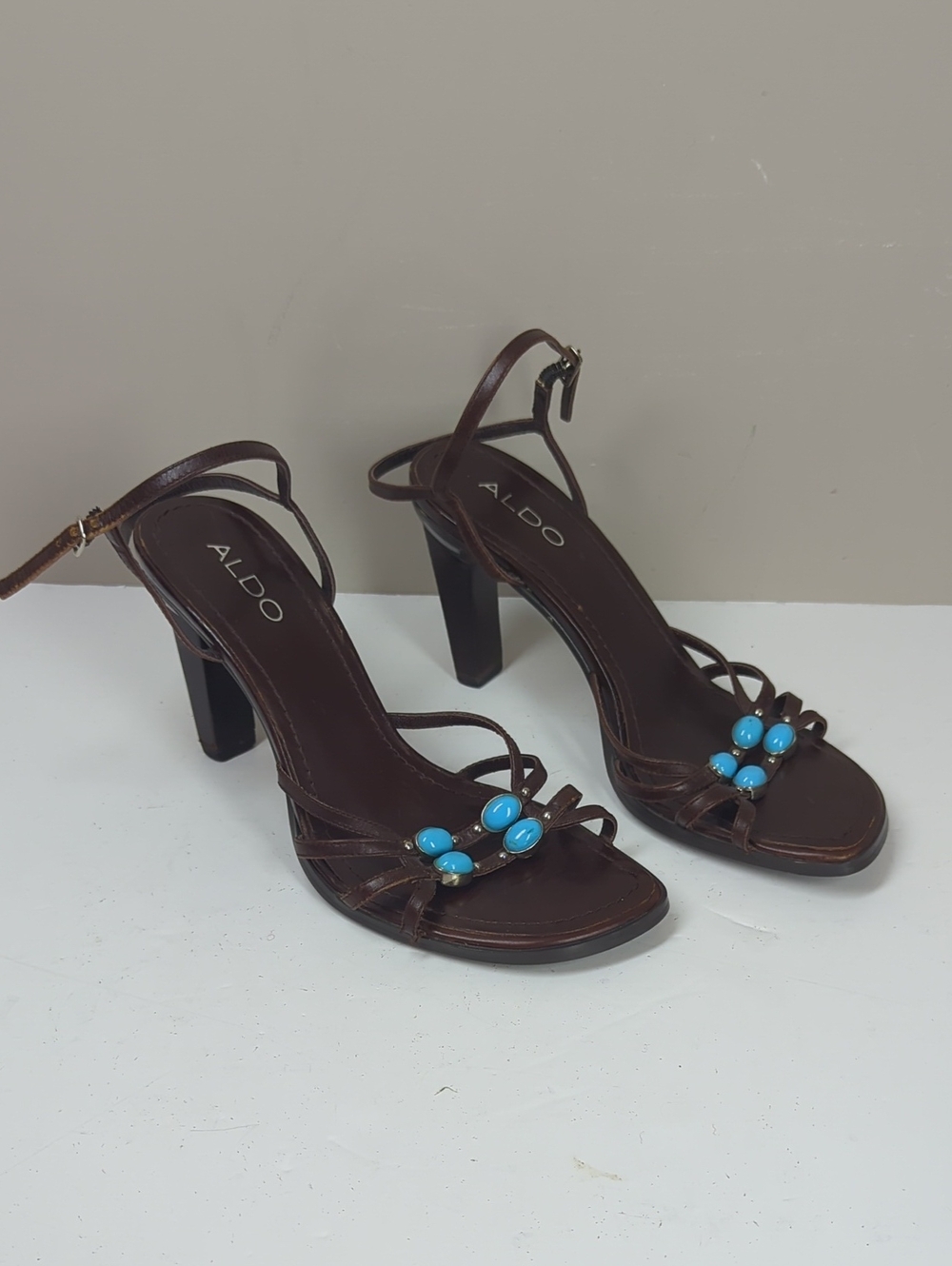 ALDO Brown Strappy Heeled Sandals with Turquoise Accents